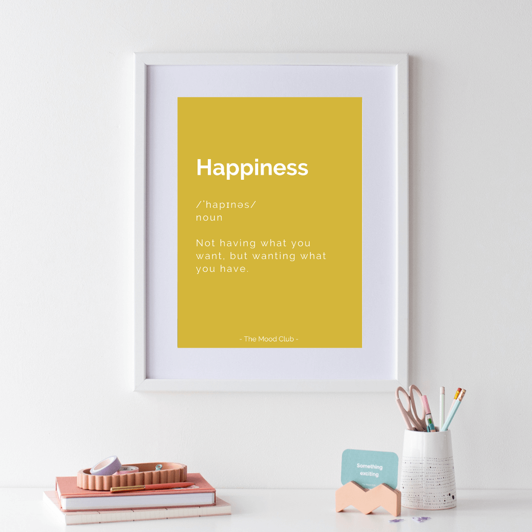 happiness definition yellow poster - inspirational wall art print by The Mood Club